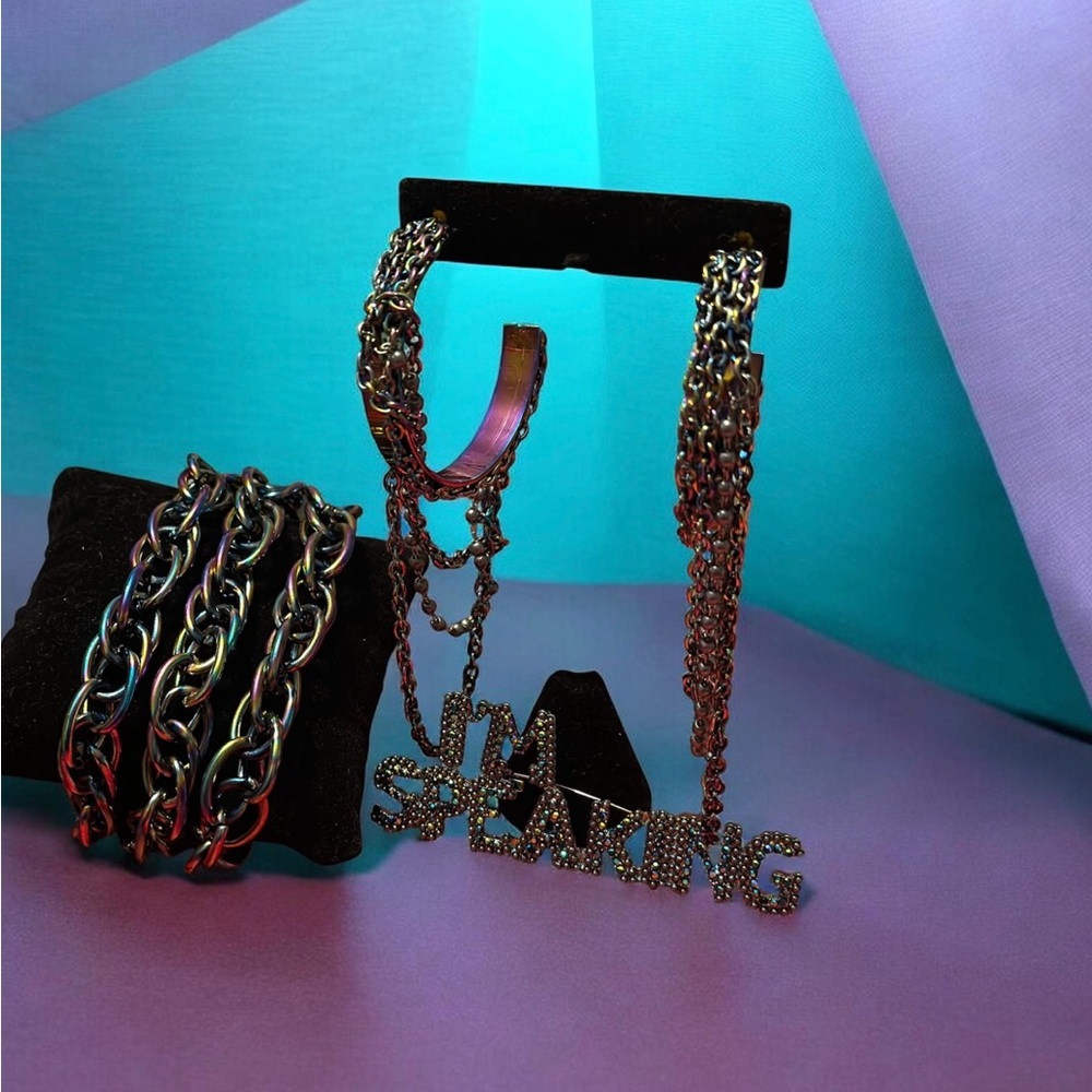 Sassy Jones “VP” Luxe Rainbow Chain Bracelet, Earring & Pin Set